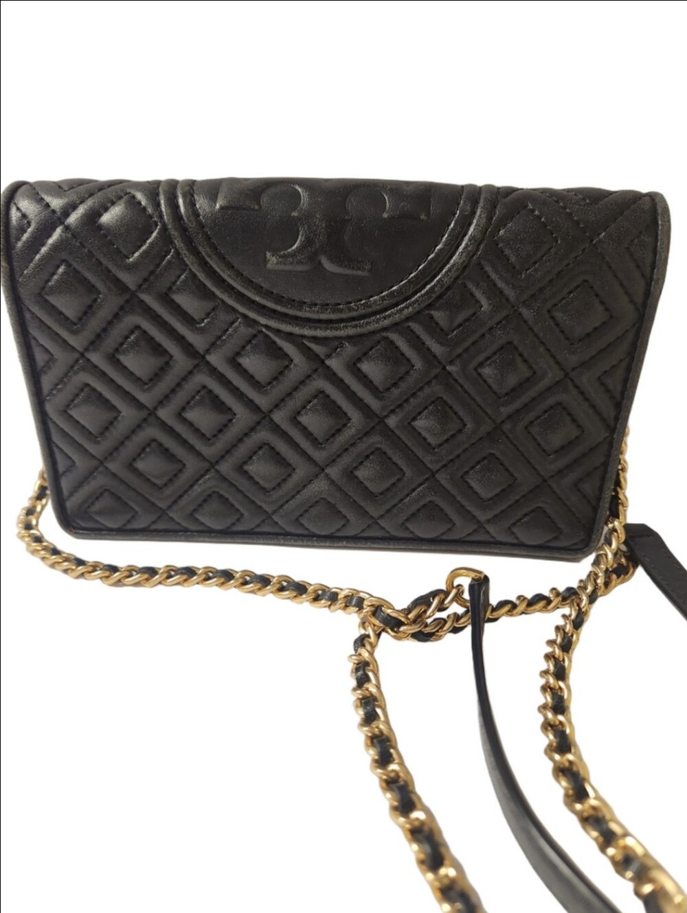 Tory Burch Quilted Black Wallet Crossbody Bag with Gold Chain Strap